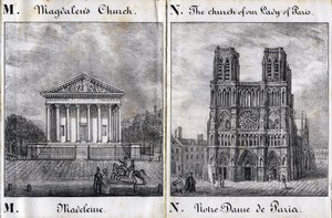M betű Madeleine és N Notre-Dame de Paris (Notre Dame de Paris) - "Alphabet Picturesque des Monumens de Paris" c.1840 (metszet) alkotó: French School