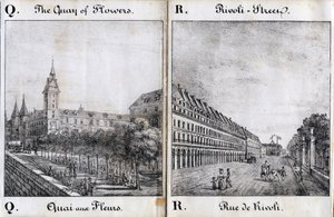 Levél Q és A: A virágdokk és a Rivoli utca - "Alphabet Picturesque des Monumens de Paris" c.1840 (metszet) alkotó: French School