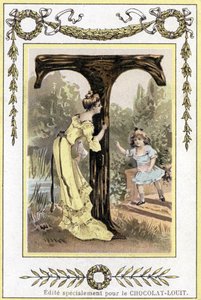 T betű, amely egy anyát és bújócskát játszó lányát ábrázolja, 19. század vége (kromolitográfia) alkotó: French School