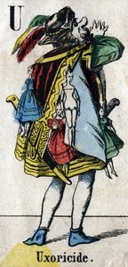 U betű: Uxoricide. Metszet "ábécé maskara". Új Epinal képalkotás. Nyomda-litográfia Pinot et Sagaire, szerkesztők, Epinal, 19. század második fele. Ná 491 tábla 25 világító betűvel. Mérete: 40,5x28 cm alkotó: French School