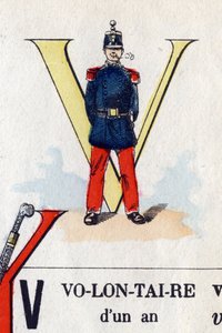 V betű önkéntesként. Katonai ábécé. Epinal képalkotása, 1870-1880 körül. Stencil színű fametszetek alkotó: French School