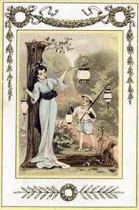 Egy japán anyát és fiát ábrázoló levél lámpásokkal, 19. század vége (kromolitográfia) alkotó: French School