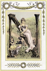 Egy anyát és táncoló gyermekeit ábrázoló levél, 19. század vége (kromolitográfia) alkotó: French School