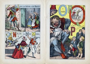 Betűk: L M N O P Q R S (középső duplaoldal). A farkas, a kecske és a biquets, La Mere Michel, Le Nain jaune, L