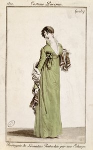 Levantei kabát sállal rögzítve, divattányér a Costume Parisienből, 1810 alkotó: French School