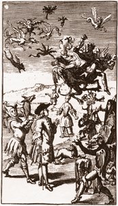 A démonok megidézése, Laurent Bordelon (1653-1730) „Monsieur Oufle extravagáns képzeletének története” című metszet 1710-ből alkotó: French School