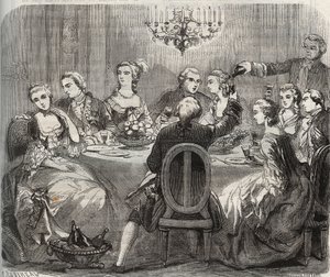 Libertinage: VII. Christian (1749-1808), Dánia és Norvégia királya a Marie Madeleine Guimard (1743-1816) táncosnő által Pantin házában szervezett szabadelvű lakomán. Metszet 1871-ből Henry de Kock (1819-18) „Histoire Des Cocus Celebres” c. alkotó: French School
