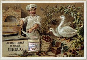 Liébig recipes: goose with chestnuts - chromo. Liébig alkotó: French School