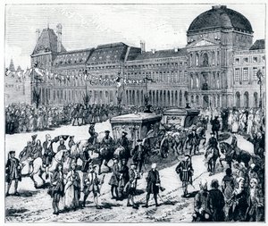 XV. Lajos élete: a király megérkezik a Palais des Tuileries-ba, ahol a királynő és a delfin várja – Genouillac „Párizsban az évszázadokon át” alkotó: French School