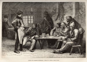 Egy ontariói woodcheron tábor belseje, metszet D.Maillard rajza után, amely a kanadai és a Northern Red River-i kirándulást illusztrálja, H. De Lamotte 1873-ban, megjelent a „Le world tour”” 1875-ben. , szerkesztette Edouard alkotó: French School