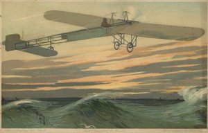 Louis Bleriot első repülése a La Manche-csatorna felett egy levegőnél nehezebb repülőgéppel, 1909. július 25. (színes litográfia) alkotó: French School