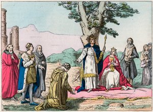 IX. Lajos, dit „Saint-Louis”” (1214-1270) igazságot szolgáltat minden alattvalójának a Bois de Vincennes-ben – Saint Louis (1214-1270) az igazságszolgáltatást – A 19. század végi metszet a „Nos Gires Nationales”-ban - Képek és recits” alkotó: French School