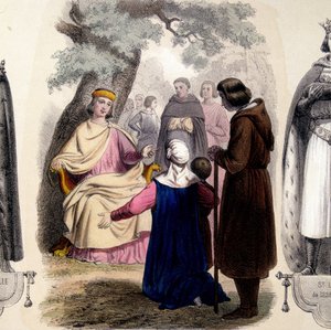 IX. Lajos, Szent Lajos (1214-1270) igazságot szolgáltat egy tölgy alatt. alkotó: French School