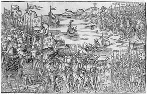 A hetedik keresztes hadjárat alatt Damiettában partra szálló francia IX. Lajos a „Grand Voyage de Hierusalem”-ből, 1522-ben alkotó: French School