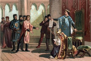 VIII. Lajos, az Oroszlánként ismert (1187-1226), a Capetian dinasztia büszkén és hevesen válaszolt III. Henrik angol király követének. Kromolitográfia 1890 körül. alkotó: French School