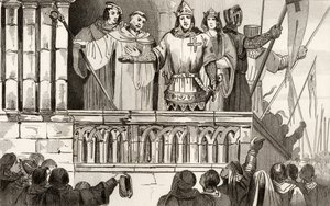 VII. Lajos (1120-80) az ifjú az 1144-es második keresztes hadjáratot támogatja Colart "Histoire de France" című művéből, amely 1840 körül jelent meg. alkotó: French School