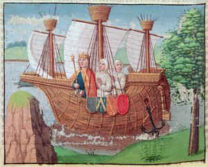 VII. Lajos útnak indul a Szentföldre néhány ciszterci szerzetessel 1145-ben, miniatűr az „Ogier le Danois”-ból, A. Verard, Párizs alkotó: French School