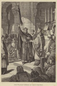 Lajos veszi át a zászlót Saint-Denis oltáráról (metszet) alkotó: French School
