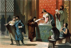 VI. Lajos dit Le Gros (1081-1137) adta a kommunák postai oklevelét. Kromolitográfia 1890 körül. alkotó: French School