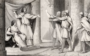 V. Lajos (967-87) a naplopó megmutatja koronáját követőinek Colart „Histoire de France” című művéből, amely 1840 körül jelent meg. alkotó: French School