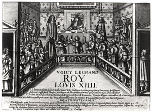 XIV. Lajos (1638-1715) igazságot szolgáltat (xilográf) (bw fotó) alkotó: French School