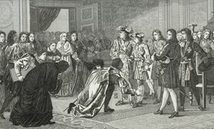 XIV. Lajos (1638-1715), a Napkirály bemutatja unokáját, V. Fülöpöt (1683-1746) a spanyol követeknek, Colart "Histoire de France" című művéből, kiadva 1840 körül. alkotó: French School