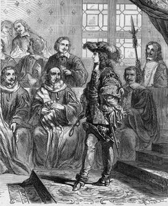 XIV. Lajos (1638-1715) 17 éves volt 1652-ben a parlament előtt, és a közgyűlés feloszlatására kényszerítette az elnököt. Metszet Paul Lehugeur Histoire De France En Cent festményeibe, 1891. alkotó: French School