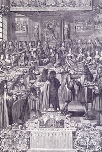 XIV. Lajos, népe szeretete és öröme, metszet az Almanaccoból alkotó: French School