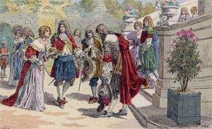 XIV. Lajos és udvara Versailles-ban (színes litográfia) alkotó: French School