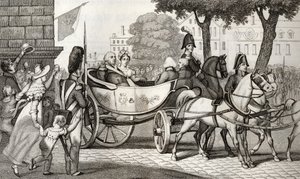 XVIII. Lajos (1755-1824) belép Párizsba az 1814-es restauráció idején, Colart „Histoire de France” című művéből, amely 1840 körül jelent meg. alkotó: French School