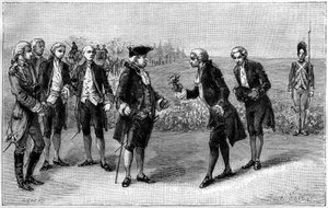 XVI. Lajos (1754-1793) a Sablons-síkság első burgonyaföldjét látogatva (a mai avenue de la Grande Armee, Párizs), Antoine Augustin Parmentier (1737-1813) burgonyavirágot kínált neki 1785 körül. ” La Nature. Revue des sciences alkotó: French School