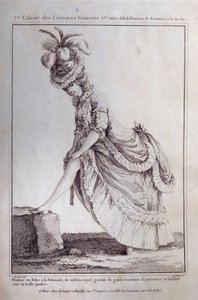 Lajos divatja: egy fiatal nő lábportréja lengyel ruhában, csíkos taftban. Metszet 1778-ból. Párizs, díszítőművészet alkotó: French School