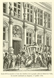 XVI. Lajos a Holdat mutatja magának a Hôtel de Ville nagytermének ablakaiból, a nemzeti kokárdát a kalapon, 1789. július 17. alkotó: French School