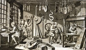 Luthier műhelye. Metszet - Diderot és Alembert enciklopédiájában alkotó: French School