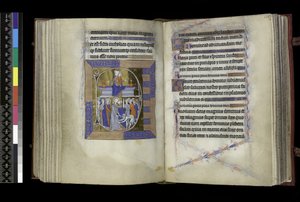 MS 300 f.177v-178r, Matins, Virgin és Child két váza között ülve a padon (fent); Krisztus árulása, Júdás megcsókolja Krisztust, és Szent Péter levágta Malkus fülét (lent), a francia Izabella zsoltárából és óráiból, Párizs, 1265-70 körül (toll és alkotó: French School