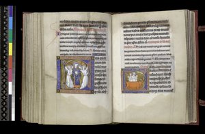 MS 300 f202v-203r, Suffrage to St Denis and Suffrage to St Eustace, from the Zsoltár és Isabella of France, Paris, c.1265-70 alkotó: French School