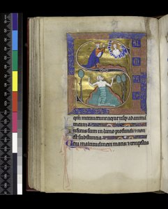 MS 300 f.70v, David Istenhez imádkozik (fent), Dávid vízbe süllyed (lent), a francia Izabella zsoltárából és óráiból, Párizs, 1265-70 körül (toll és tinta és tempera pergamenen) alkotó: French School
