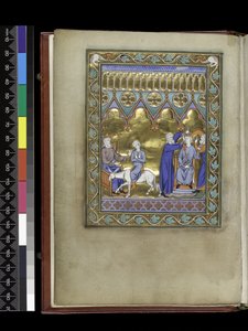 MS 300 f.Vv, David, trónon, elküldi Salamont Szadokhoz és Nátánhoz, akik megkoronázzák és felkenik őt, a francia Izabella zsoltárából és óráiból, Párizs, 1265-70 körül alkotó: French School