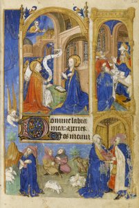 MS 39-1950 f.26r Angyali üdvözlet és Angyali üdvözlet a pásztoroknak, 1464 (arany, ezüst és színes tinta pergamenen) alkotó: French School