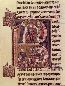 MS Fr 9081 f.99v Történeti kezdetű R, amely I. Balduin flandriai királyt (1171-1205) ábrázolja, akit 1204-ben latin császárrá koronáztak, és nagylelkűségét a gyermekét elküldő török nő iránt. alkotó: French School
