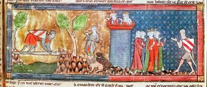 M. 806 f.166 Lancelot úgy bizonyítja Guinevere iránti szeretetét, hogy átkelt egy éles karddal áthidalt folyón, a római de Lancelot du Lacból, 1344 alkotó: French School