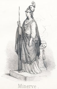 M Minerve: Istennő Jupiter fejéből, lábbal a köpenyben és lándzsával a kezében Minerva néven a bölcsesség istennője, Pallas néven pedig a háború istennője volt. alkotó: French School