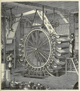 Gép tapétanyomtatáshoz akár húsz színben, pub. 1873-as metszet, 1873. alkotó: French School