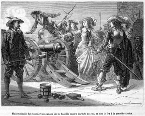 Mademoiselle (Grande Mademoiselle = Duchesse de Montpensier) a Bastille fegyvereit a király serege ellen fordította, és felgyújtotta az első darabot - Henri Martin „Histoire de France populaire” című művében. alkotó: French School