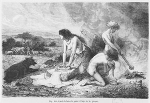 Kenyérkészítés a kőkorszakban, illusztráció az LHomme Primitifből, Louis Figuiertől, kiadó: Hachette, 1870 alkotó: French School