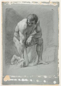 Férfi Akadémia, Térdelve, Előre dőlve egy sziklán, 18. század vége (fekete kréta fehér kiemeléssel) alkotó: French School