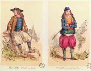 Férfi jelmezek Landerneautól és Goulventől, a Les Costumes Bretons de Sorrieu-tól alkotó: French School