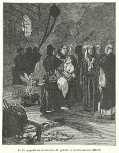 Brodequinekkel és tűzzel kínozzák az embert (metszet) alkotó: French School