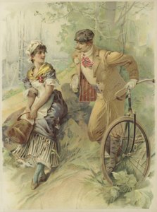 Biciklis férfi, aki a szobalánynak tesz ajánlatot. (chromolitho) alkotó: French School