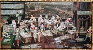 Kártyák gyártása egy házban a Dauphine téren (legyezőnek való tervezés, gouache papíron, 1680 körül) alkotó: French School